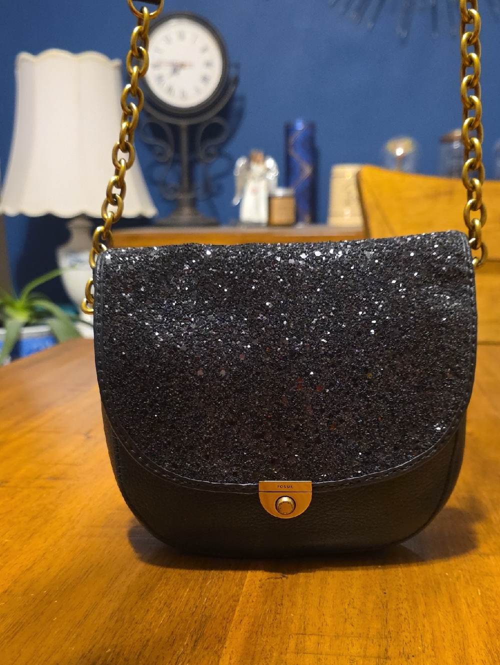 Fossil Black Glitter Flap Crossbody with Gold-Tone Hardware - Picture 2 of 16